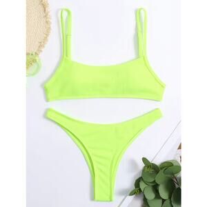 NEW Athletic Style Rib Knit High Cut Thong Bikini Neon Yellow SMALL